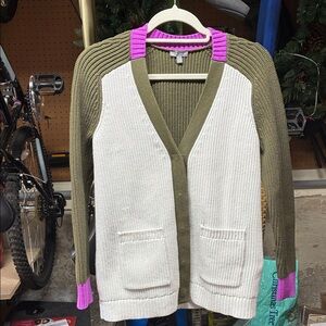 Talbots Olive, White, and Magenta Cardigan Sweater